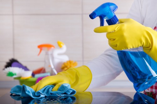 Detailed Docklands cleaner working on polished surfaces in a contemporary building